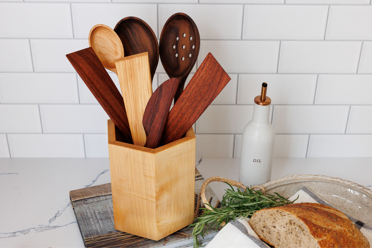 8-Piece Wooden Utensil Set with Holder