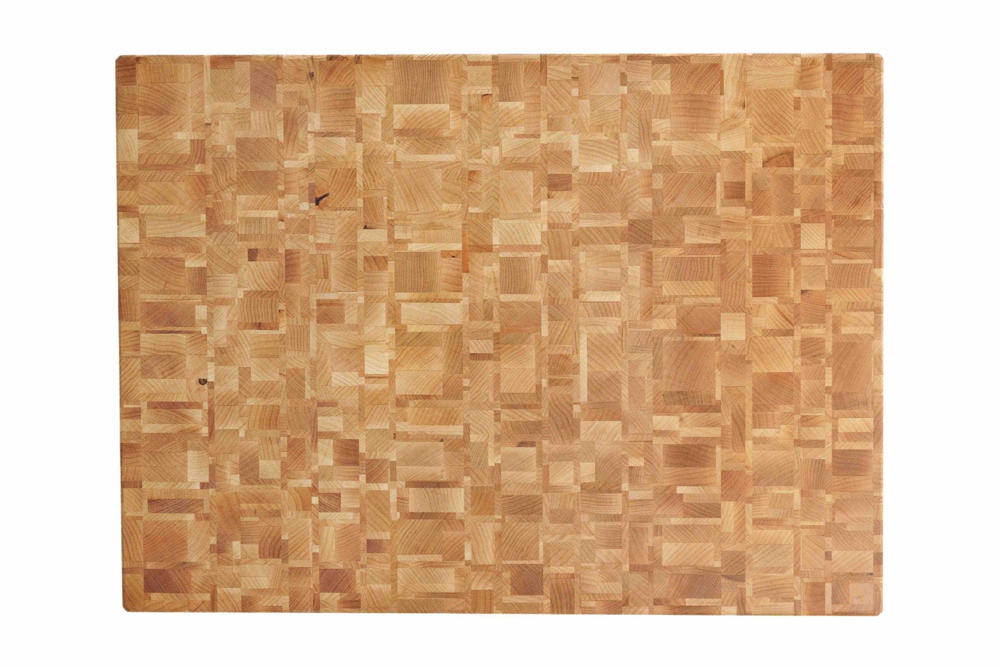 End-grain cutting board showing a mosaic pattern of light maple blocks.